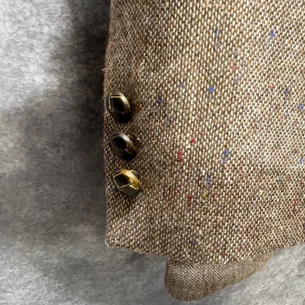 Vintage Haggar Brown Donegal Tweed Blazer Sport Coat Sz 46L Suede Elbow Patches